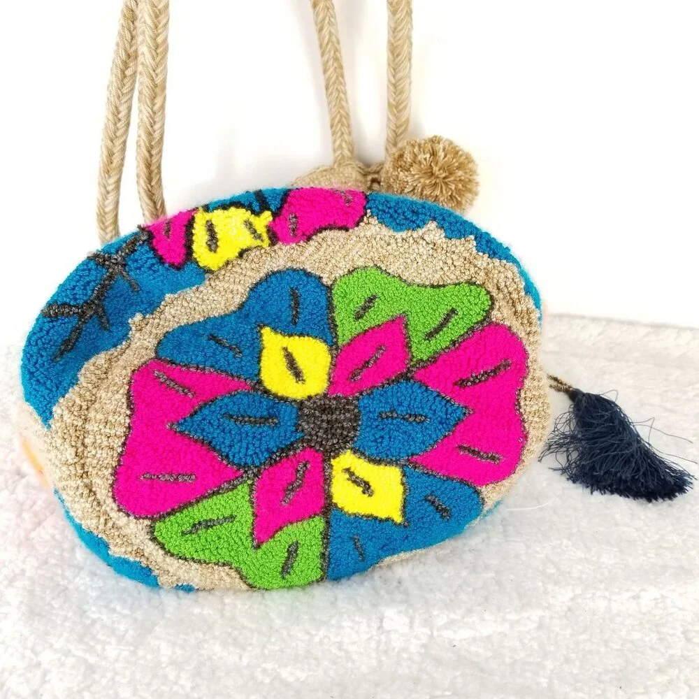 Handwoven Boho Bird & Floral Design Tote Bag With Tassels‎ & Pom-Poms《321》P